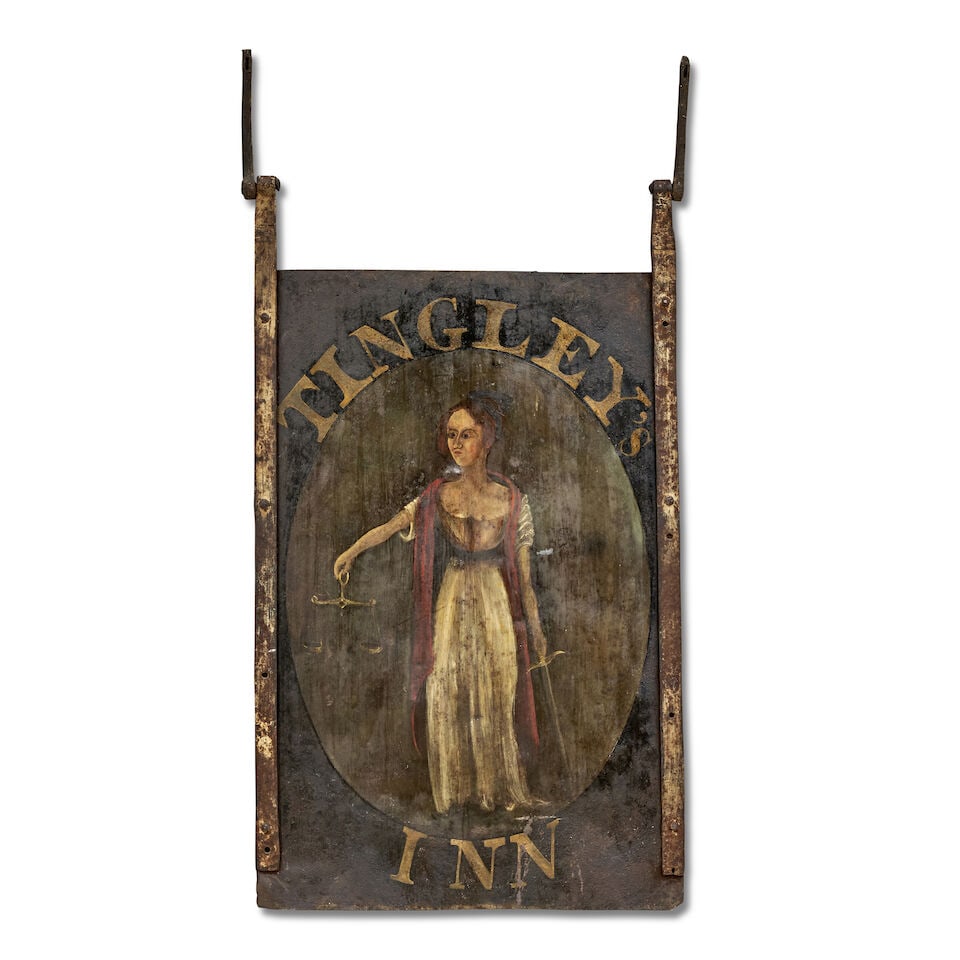 'Tingley's Inn' Double-sided Iron Tavern Sign United States, early 19th century: 'Tingley's Inn' Double-sided Iron Tavern Sign United States, early 19th century Tinned sheet iron sign inscribed 'TINGLEY'S / INN.' around oval reserve depicting an allegorical figure of Hope with an