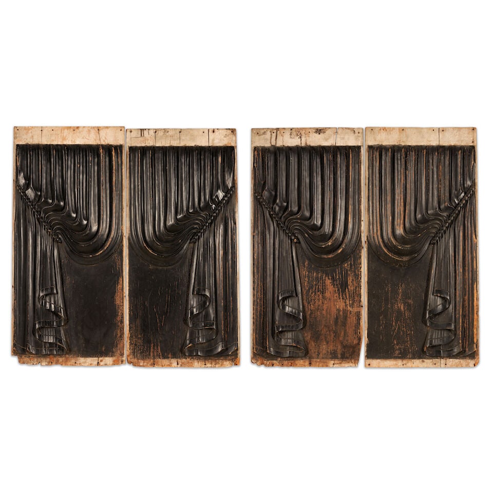 Four Carved Drapery Panels United States, 19th century: Four Carved Drapery Panels United States, 19th century Likely from a funeral parlor or hearse, each multi-board panel has applied molding to form two sets of tied-back drapes, retaining old black and