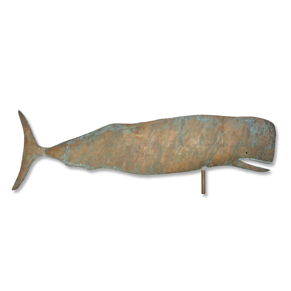 Gilt Copper Whale Weathervane United States, 20th century: Gilt Copper Whale Weathervane United States, 20th century Flattened body with punched holes for eyes, restored gilt surface over earlier verdigris patina, includes custom bracket for wall mounting, ov