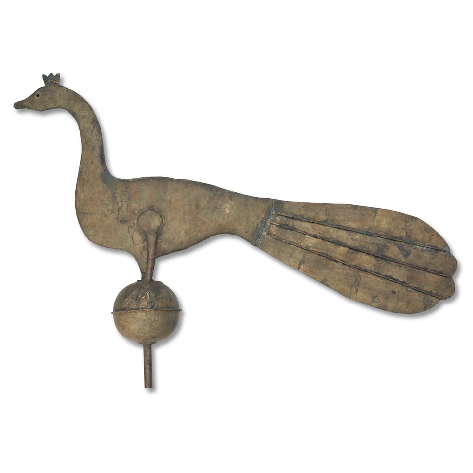 Small Peacock Weathervane United States, 20th century: Small Peacock Weathervane United States, 20th century Slender hollow-molded copper body with cut-out sheet copper crown and steel wire-ribbed tailfeather, two applied legs joining sphere finial raised