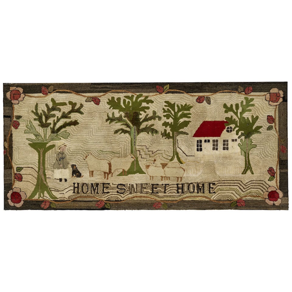 Large 'Home Sweet Home' Hooked Rug United States, late 19th century: Large 'Home Sweet Home' Hooked Rug United States, late 19th century Canvas worked in black, red, green, gray, and brown textiles, the floral and vine border surrounding a woman with her dog, sheep,