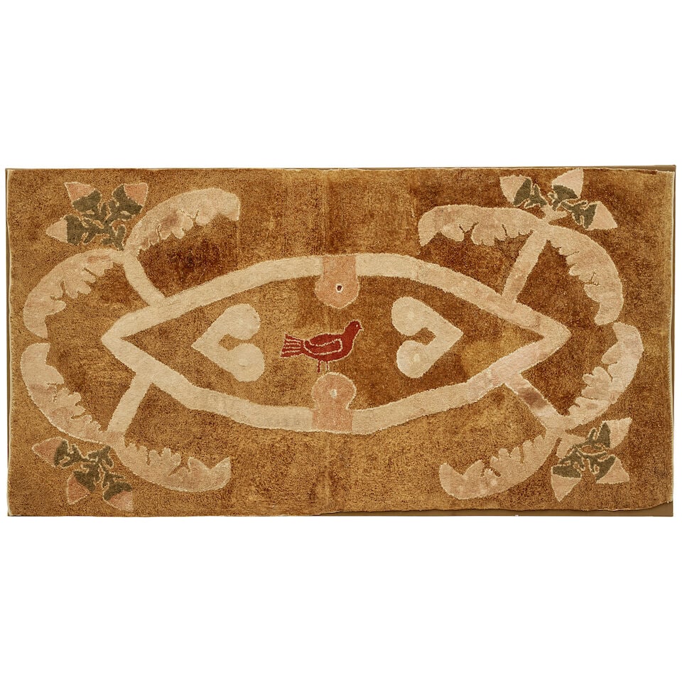Large Hooked Rug United States, late 19th century: Large Hooked Rug United States, late 19th century Burlap canvas worked in woven textile strips and plied yarns, mounted on stretched twill for hanging, 39 x 75 in. This lot is subject to the following
