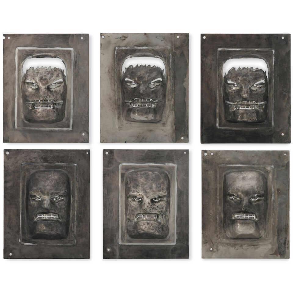 Set of Six Halloween Mask Molds Fabtech, Erie, Pennsylvania, c. 1990: Set of Six Halloween Mask Molds Fabtech, Erie, Pennsylvania, c. 1990 Three steel molds in two distinct patterns, impressed 'FABTECH / ERIE PA' on reverse, each wd. 11, dp. 2 3/4, ht. 14 in. For furthe