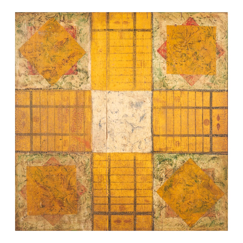 Two-sided Gameboard United States, 19th century: Two-sided Gameboard United States, 19th century Two-board panel recessed in applied molding on one side painted with a marbled Parchesi board, the reverse fitted with picture wire painted with a Nine