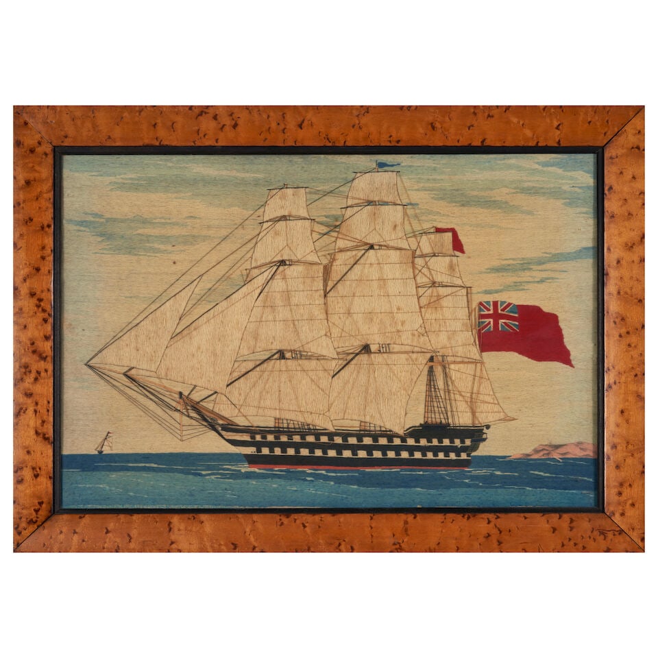 British School Framed Woolwork Picture of H.M.S. Monarch, late 19th century: British School Framed Woolwork Picture of H.M.S. Monarch, late 19th century Plain-woven canvas worked in satin stitch with plied yarns and fine thread details, depicting a ship at full sail flying the