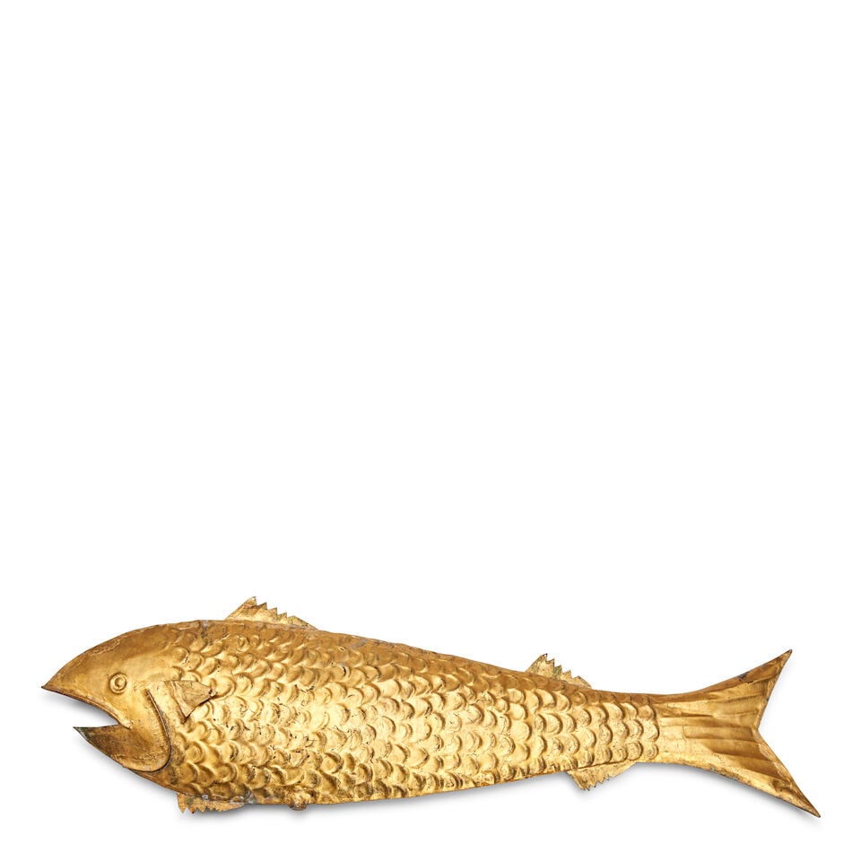 Gilt Copper Fish Weathervane United States, 20th century: Gilt Copper Fish Weathervane United States, 20th century Swell-bodied molded copper with applied fins, the opening for vertical rod sealed closed, restored paint and gold leaf surface throughout, wd.