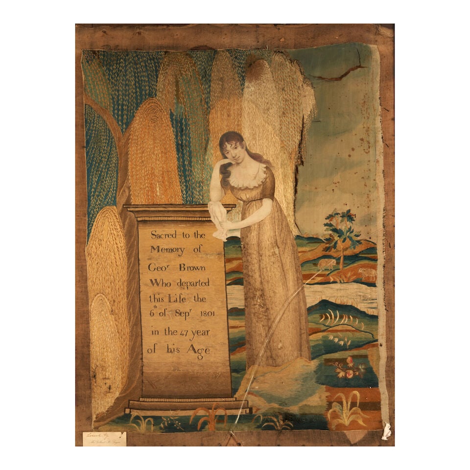 Needlework Memorial to George Brown New York, New York, c. 1801: Needlework Memorial to George Brown New York, New York, c. 1801 Silk panel watercolor painted and worked in satin stitch to depict a female mourning beside monument inscribed 'Sacred to the Memory of