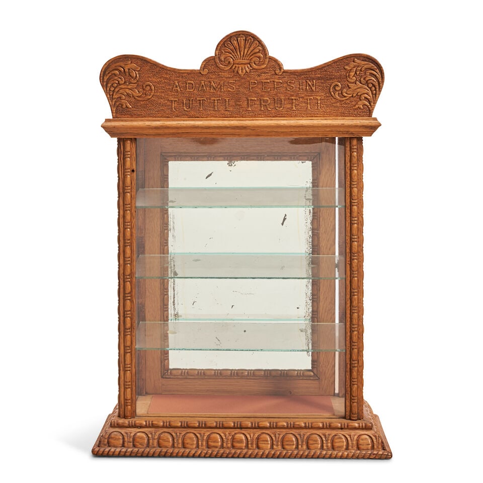 Adams' Pepsin Tutti-Frutti Chewing Gum Counter Display Case United States, c. 1900: Adams' Pepsin Tutti-Frutti Chewing Gum Counter Display Case United States, c. 1900 Milled oak case with shaped crest inscribed 'ADAMS PEPSIN / TUTTI-FRUTTI', mirrored door hinged to back, and three ra