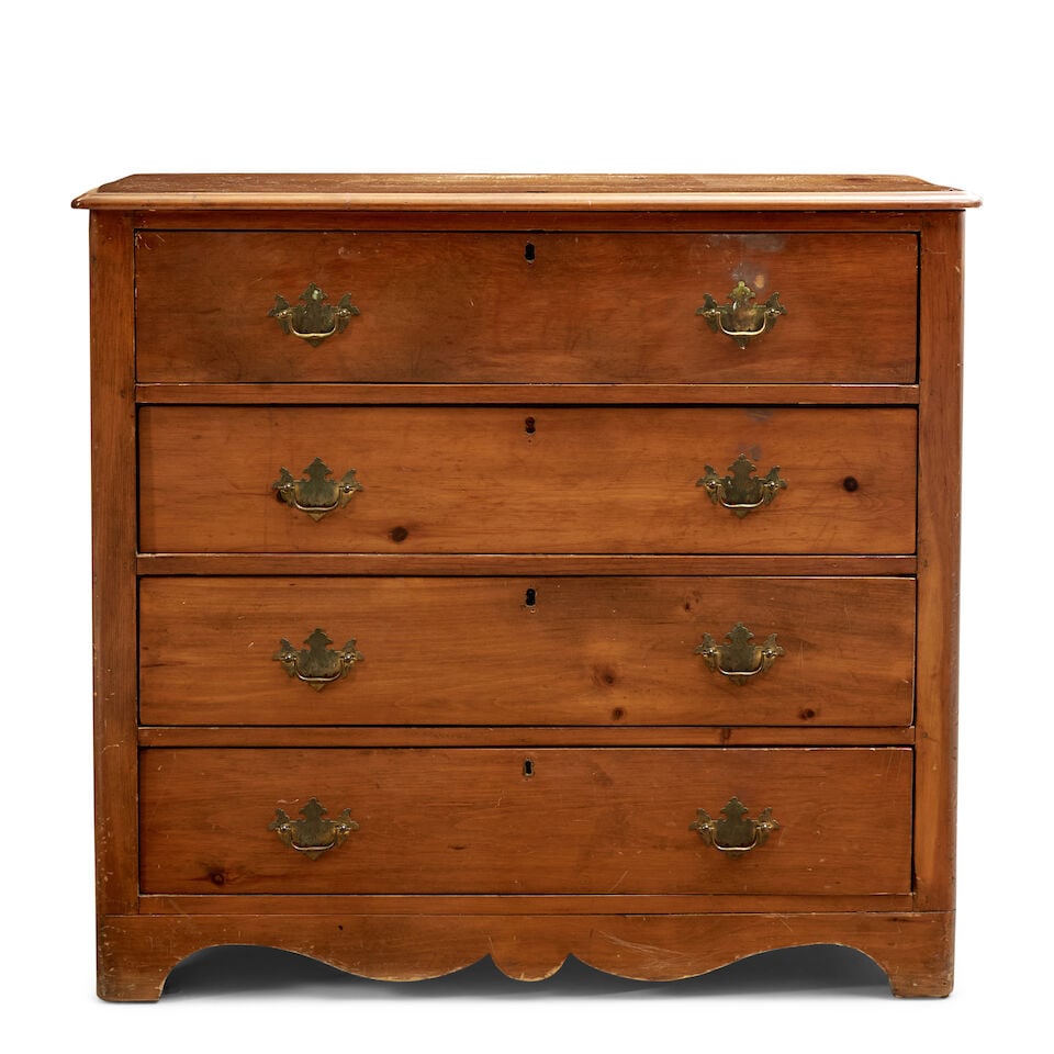 Country Pine Chest of Drawers United States, early 20th century: Country Pine Chest of Drawers United States, early 20th century Thumb-molded two-board top, recessed side panels and rounded corners continuing over bracket feet, four 6 1/4-inch dovetailed drawers, o