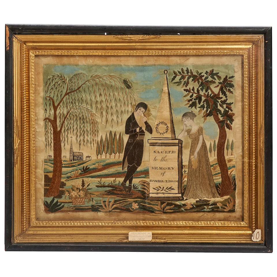 Needlework Memorial to Daniel Kissam probably New York, c. 1810: Needlework Memorial to Daniel Kissam probably New York, c. 1810 Woven silk panel watercolor painted and worked in silk and chenille threads to depict a man and woman mourning at a stone monument inscr