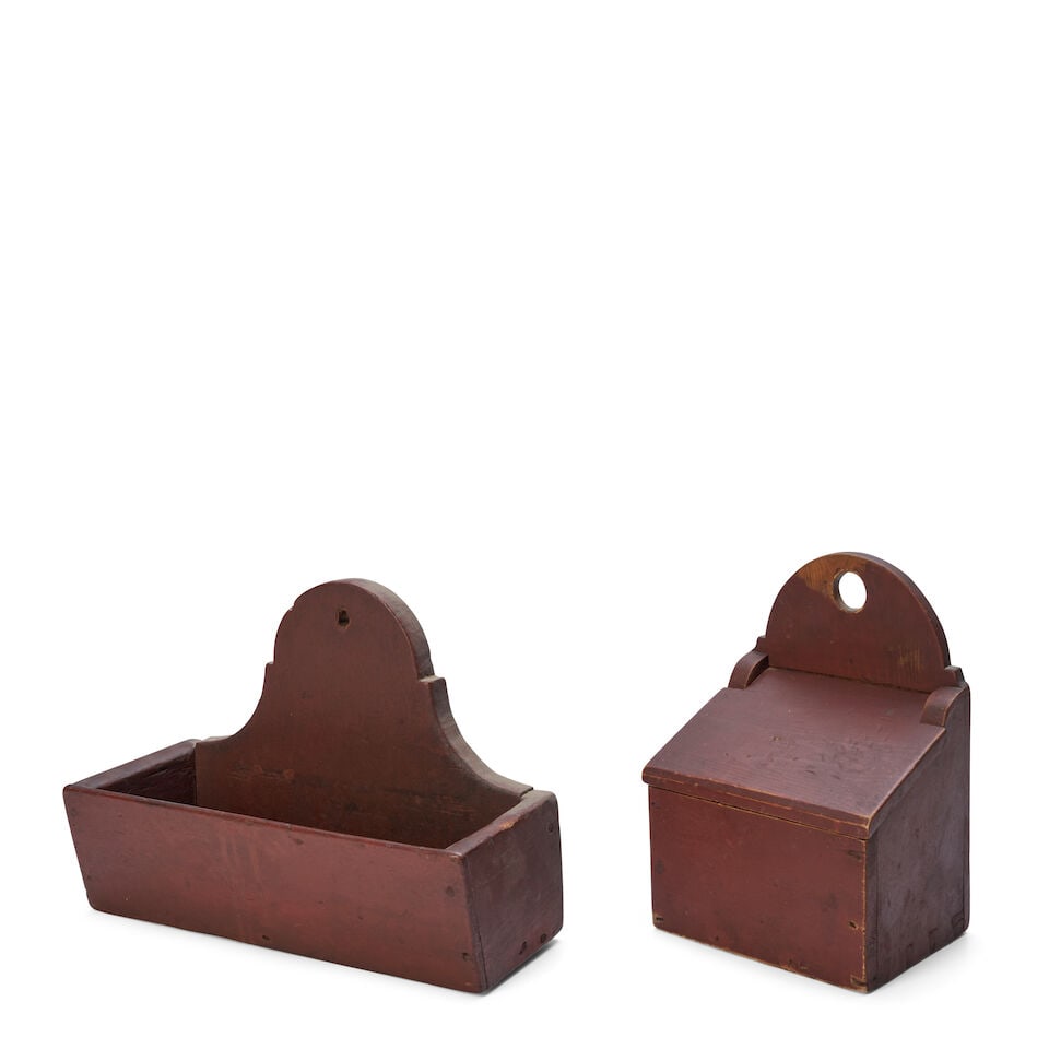 Two Red-painted Pine Hanging Pipe Boxes Northeastern United States, early 19th century: Two Red-painted Pine Hanging Pipe Boxes Northeastern United States, early 19th century Both with old paint, wd. to 12 1/4, dp. to 5, ht. to 9 1/2 in. For further information on this lot please visit B