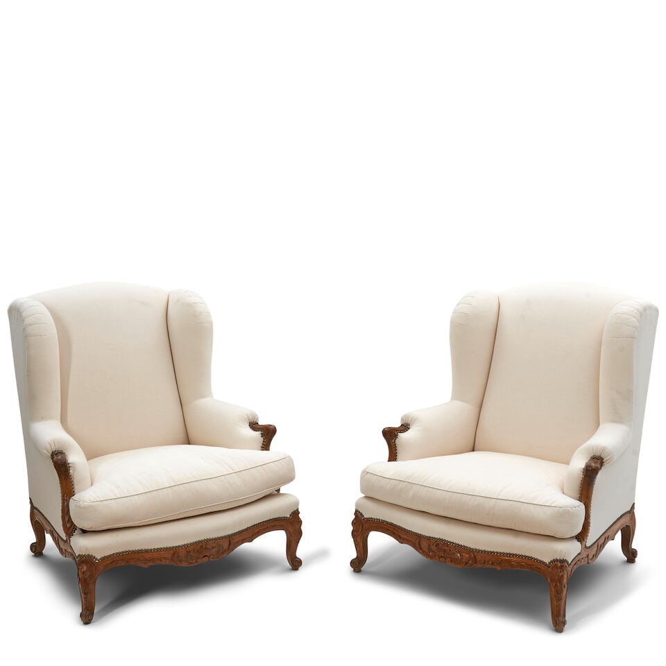 Pair of Louis XV Style Walnut Upholstered Armchairs probably France, 19th century: Pair of Louis XV Style Walnut Upholstered Armchairs probably France, 19th century with rococo motifs, 88cm wide, 93cm deep, 104cm high (35in wide, 37in deep, 41in high). Lot to be sold without reserv