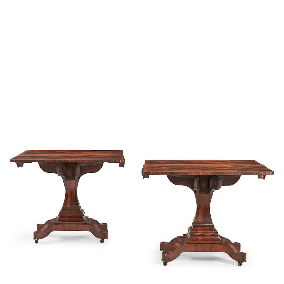 A Pair of Late Classical Rosewood Veneer and Elm Drop-leaf Tables United States or England, c. 1830: A Pair of Late Classical Rosewood Veneer and Elm Drop-leaf Tables United States or England, c. 1830 Extraordinary match-veneered tops with crossband-veneered edges hinged to sides of a rail with round