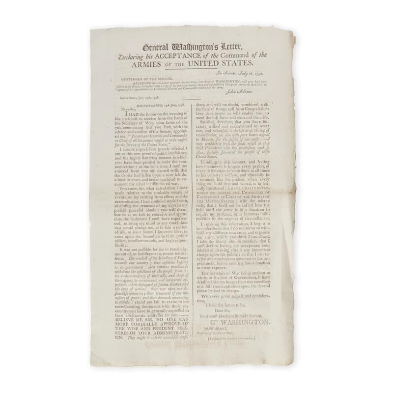 George Washington's Letter Declaring his Acceptance of the Command of the Armies of the United S...: George Washington's Letter Declaring his Acceptance of the Command of the Armies of the United States Published for General Information, Philadelphia, Pennsylvania, 1798 Letterpress-printed and type-s