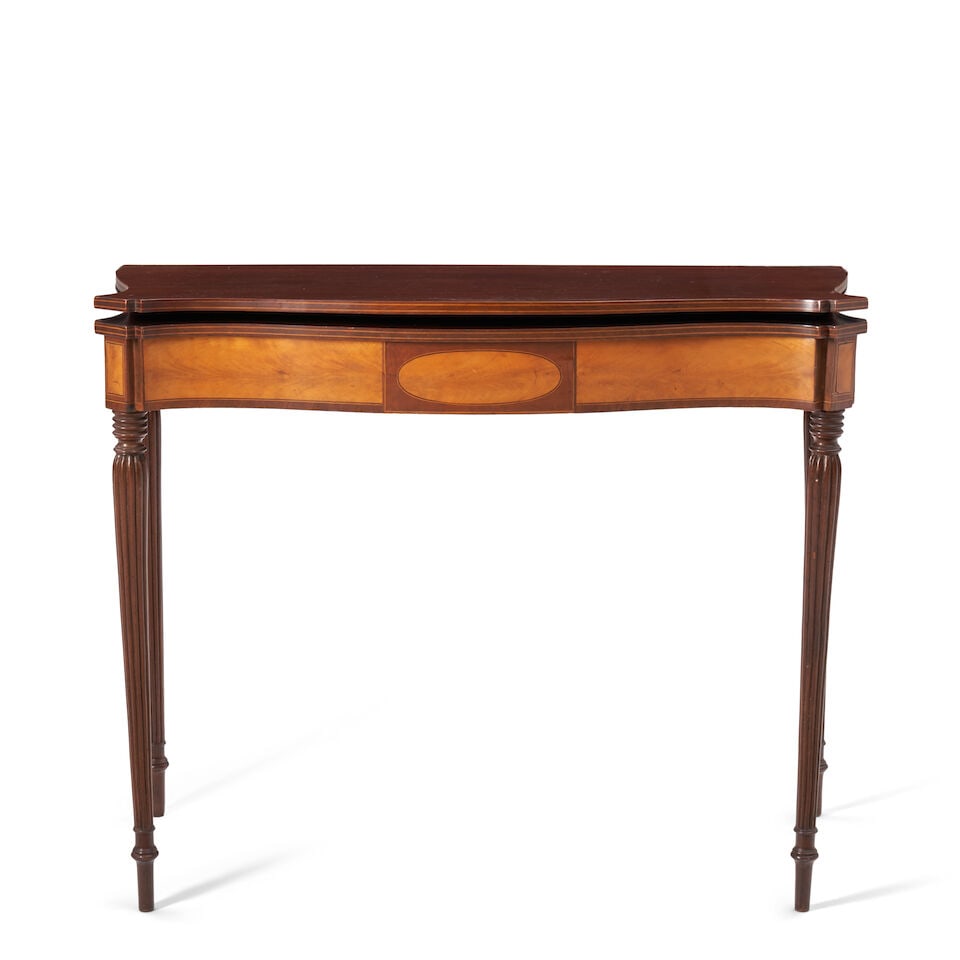 Early Federal Mahogany, Satinwood Veneer, and White Pine Card Table probably Salem, Massachuset...: Early Federal Mahogany, Satinwood Veneer, and White Pine Card Table probably Salem, Massachusetts, c. 1800 Single-board leaf and fixed top with serpentine edges and stepped canted corners, joined to c