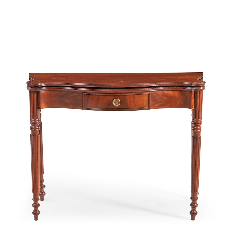 Federal Mahogany, Mahogany Veneer, and White Pine Card Table Massachusetts, c. 1815: Federal Mahogany, Mahogany Veneer, and White Pine Card Table Massachusetts, c. 1815 Fine single-board mahogany top and leaf opening to form a square surface with serpentine edges and quirked ovolo cor