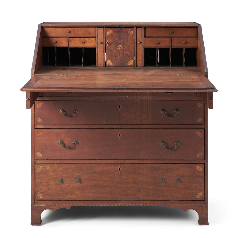 Early Federal Inlaid Walnut, Mahogany, Yellow Pine, and Poplar Slant-lid Desk probably Morgan C...: Early Federal Inlaid Walnut, Mahogany, Yellow Pine, and Poplar Slant-lid Desk probably Morgan County, West Virginia, c. 1800 The top blind-dovetailed to two-board sides, canted to receive hinged walnu