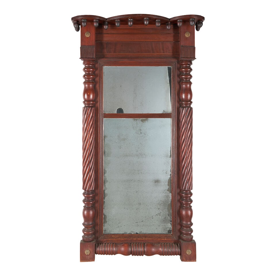 Classical Carved Mahogany Mirror labelled Parker & Clover, New York, New York, c. 1815-20: Classical Carved Mahogany Mirror labelled Parker & Clover, New York, New York, c. 1815-20 the original label visible on the reverse side, 60cm wide, 12cm deep, 111cm high (24in wide, 5in deep, 44in