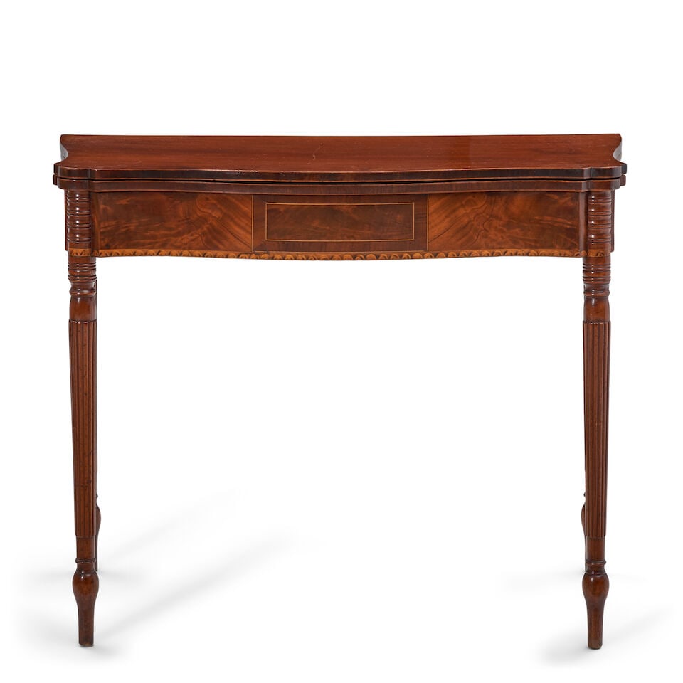 Federal Inlaid Mahogany Card Table in the Manner of John and Thomas Seymour, Boston, Massachuse...: Federal Inlaid Mahogany Card Table in the Manner of John and Thomas Seymour, Boston, Massachusetts, c. 1805-1810 with elegant lunette-inlay along the bottom edge of the skirt, 93cm wide, 45cm deep, 76
