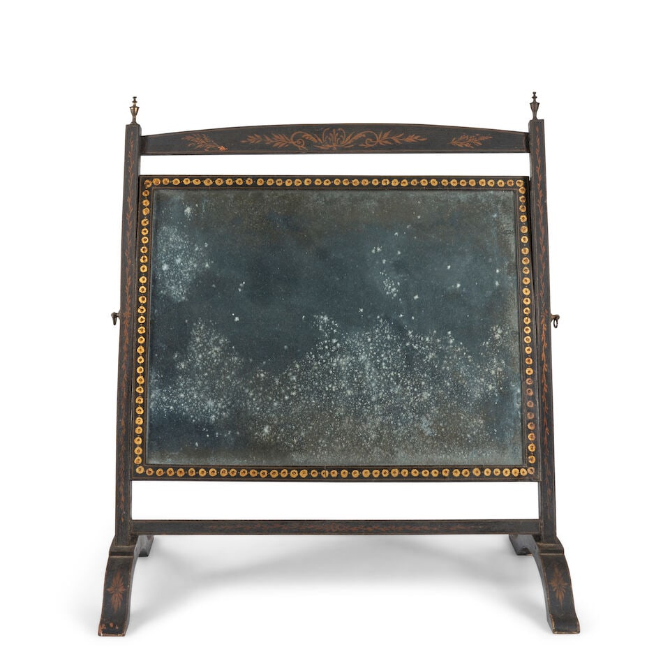 Fancy-painted Federal Dressing Glass Baltimore, Maryland, c. 1810: Fancy-painted Federal Dressing Glass Baltimore, Maryland, c. 1810 The stiles joined to elongated arch feet with pegged mortise-and-tenons, terminating in delicate brass urn finials, the swiveling