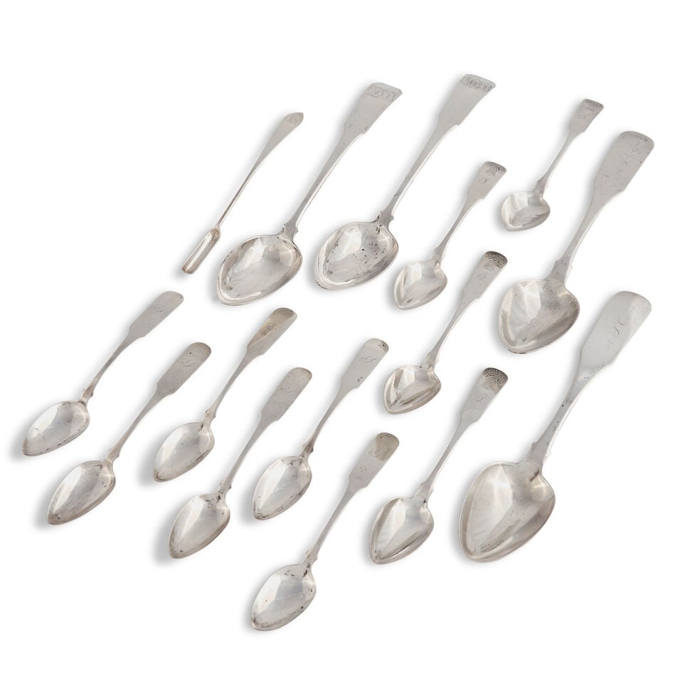 Fifteen Coin Silver Spoons James Appleton (1785-1862), Theophilus Bradbury (1763-1803), Sylvanu...: Fifteen Coin Silver Spoons James Appleton (1785-1862), Theophilus Bradbury (1763-1803), Sylvanus Bramhall (1776-1827), Thomas Grant (1731-1804), and Welles & Gelston (1826-7), Massachusetts, late