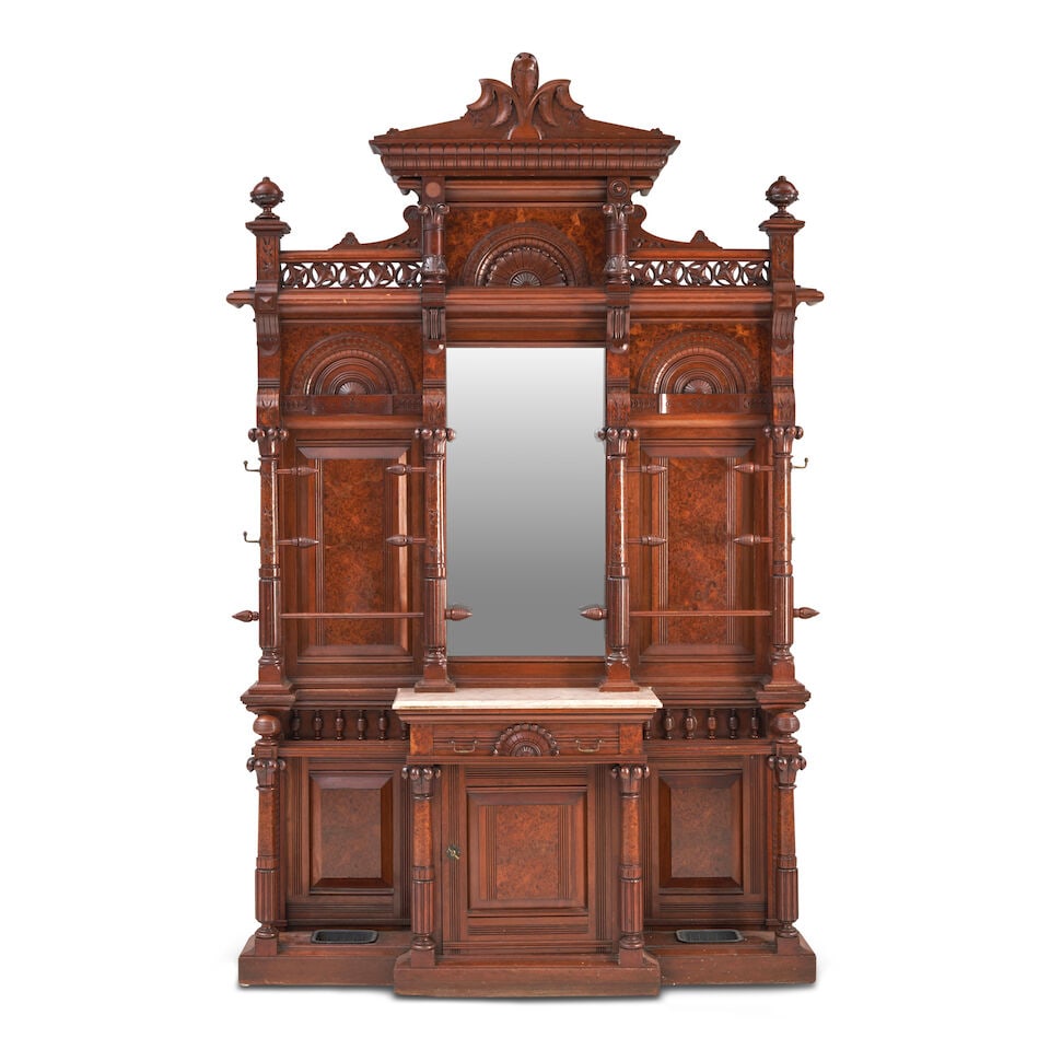 Brilliant Aesthetic Movement Mahogany, Burl Veneer, Cherry, and Poplar Hall Stand Herts Brothers...: Brilliant Aesthetic Movement Mahogany, Burl Veneer, Cherry, and Poplar Hall Stand Herts Brothers (1872-1937), New York, New York, c. 1880 Exceptional hall stand in two parts, the bottom with marble-to