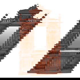 Brilliant Aesthetic Movement Mahogany, Burl Veneer, Cherry, and Poplar Hall Stand Herts Brothers...: Brilliant Aesthetic Movement Mahogany, Burl Veneer, Cherry, and Poplar Hall Stand Herts Brothers (1872-1937), New York, New York, c. 1880 Exceptional hall stand in two parts, the bottom with marble-to