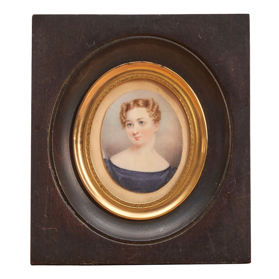 Framed Portrait Miniature possibly Baltimore, Maryland, c. 1825: Framed Portrait Miniature possibly Baltimore, Maryland, c. 1825 Watercolor, gouache, and ink on paper, mounted in an associated period frame, stored in a suede pouch, sheet 1 3/4 x 1 3/8 in.; framed