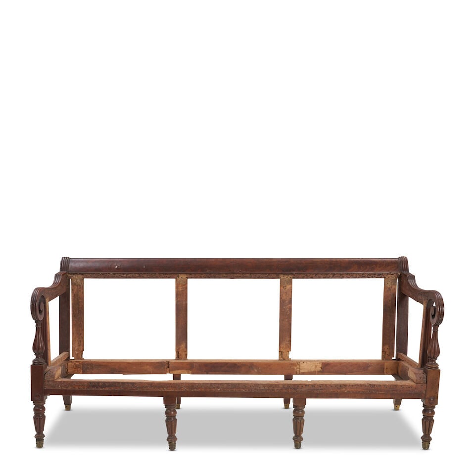 Federal Carved Mahogany and Mahogany Veneer Sofa attributed to John and Thomas Seymour, Boston...: Federal Carved Mahogany and Mahogany Veneer Sofa attributed to John and Thomas Seymour, Boston, Massachusetts, c. 1815 Veneered crest rail supported by scrolling arms with tapering reeded supports
