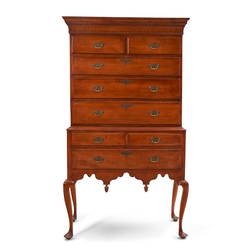Queen Anne Tiger Maple and White Pine High Chest of Drawers New England, c. 1760: Queen Anne Tiger Maple and White Pine High Chest of Drawers New England, c. 1760 In two parts, the upper section with flat cornice overhanging case with frieze drawer over four tiers of graduated draw