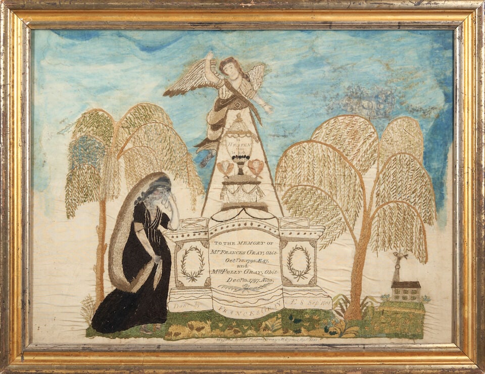Memorial to Francis and Polly Gray signed Frances Gray (age 8), Boston, Massachusetts, 1801: Memorial to Francis and Polly Gray signed Frances Gray (age 8), Boston, Massachusetts, 1801 watercolor and silk embroidery on silk panel 16 1/2 x 22 in. framed 18 3/4 x 24 1/4 in. Francis Gray (c.