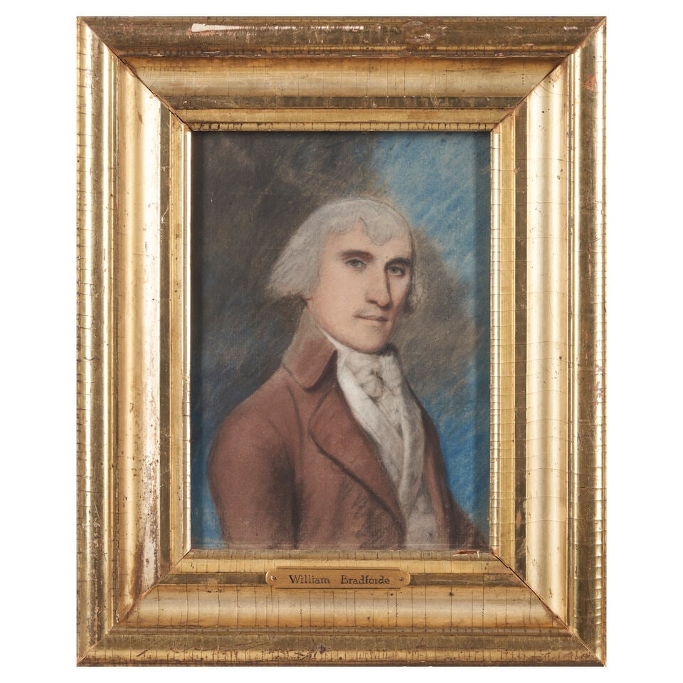 Attributed to James Sharples (1752-1811) Portrait of William Bradforde sight 8 3/4 x 6 1/4 in.: Attributed to James Sharples (1752-1811) Portrait of William Bradforde unsigned charcoal and pastel on laid paper sight 8 3/4 x 6 1/4 in. Footnotes: Provenance Framed with documents from Richmond,