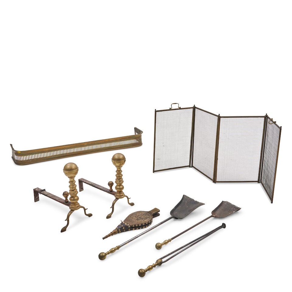 Collection of Fireplace Equipment United States and Europe, 19th century: Collection of Fireplace Equipment United States and Europe, 19th century Assembled group includes a pierced brass fender, four-part folding screen, a pair of ball-top andirons with conforming log stop
