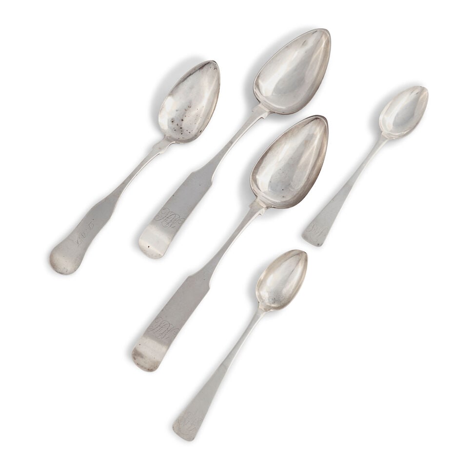Five Coin Silver Spoons Oliver Gerrish (1796-1888), Enoch Moulton (1780-1818), and Eleazer Wyer...: Five Coin Silver Spoons Oliver Gerrish (1796-1888), Enoch Moulton (1780-1818), and Eleazer Wyer, Jr. (1786-1848), Portland, Maine, 19th century Assembled group of Maine silver including one