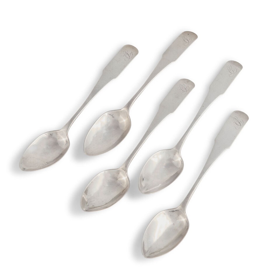 Five Coin Silver Teaspoons possibly Samuel Minott (1732-1803), Boston, Massachusetts, late 18th ...: Five Coin Silver Teaspoons possibly Samuel Minott (1732-1803), Boston, Massachusetts, late 18th century The bowl attached with pointed joint to beveled handle impressed 'SM' in rectangle, engraved