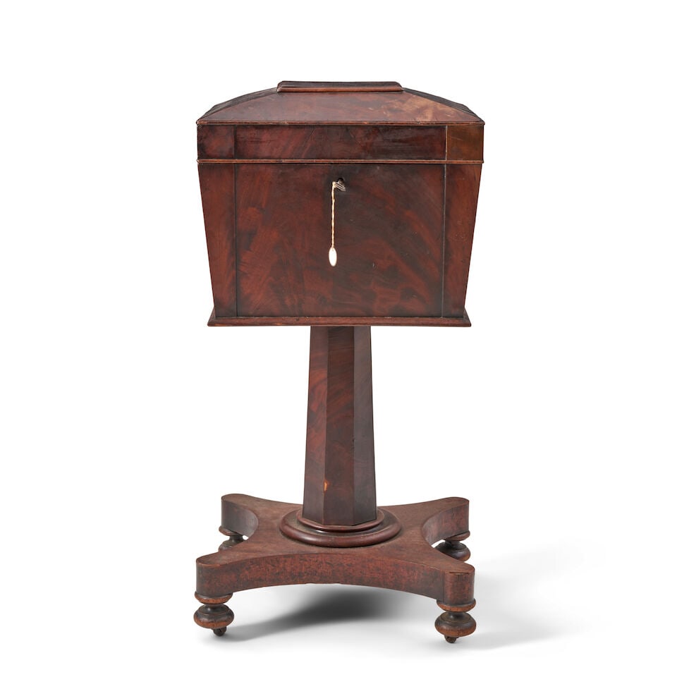 Classical Mahogany and Mahogany Veneer Cellarette New York or Boston, c. 1820: Classical Mahogany and Mahogany Veneer Cellarette New York or Boston, c. 1820 with hinged top and key, 43cm wide, 38cm deep, 83cm high (17in wide, 15in deep, 33 1/2in high). For further information o
