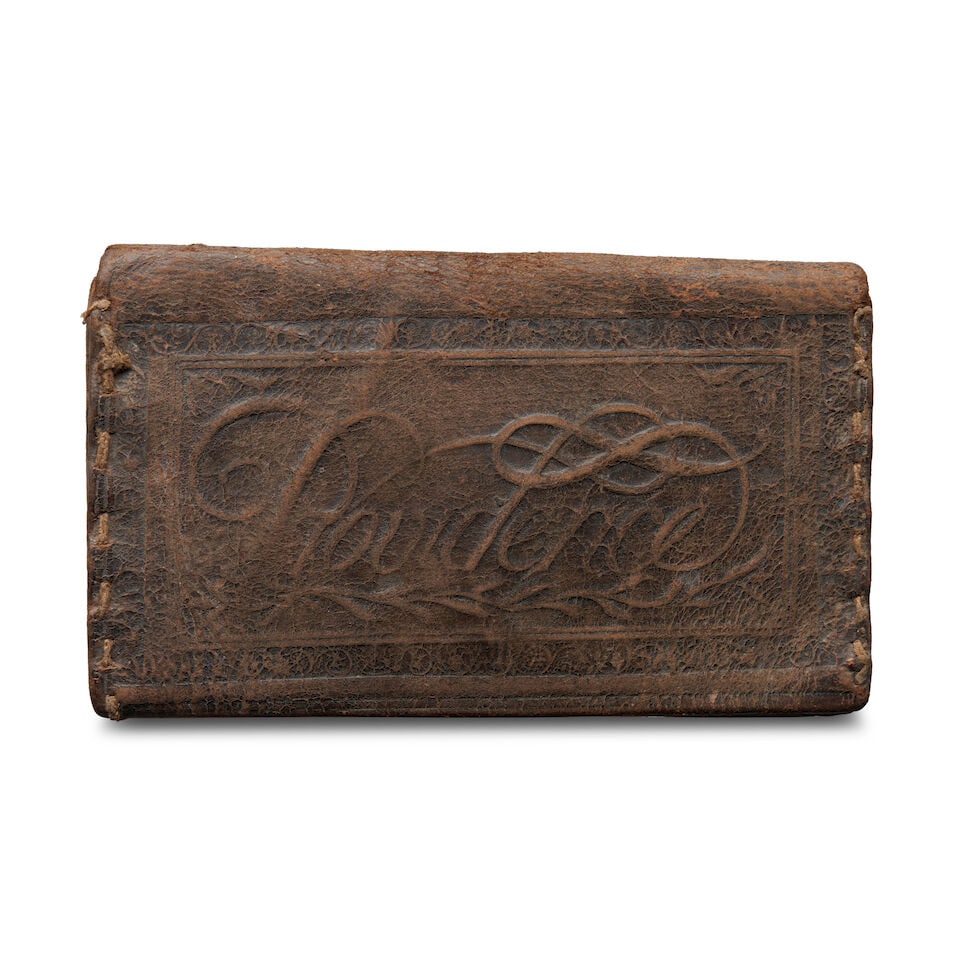 Providence Embossed, Inscribed and Dated Leather Pocket Book Providence, Rhode Island, 1764: Providence Embossed, Inscribed and Dated Leather Pocket Book Providence, Rhode Island, 1764 The exterior embossed on both sides 'Providence' within a rectangular scrolling vine frame, opening calf
