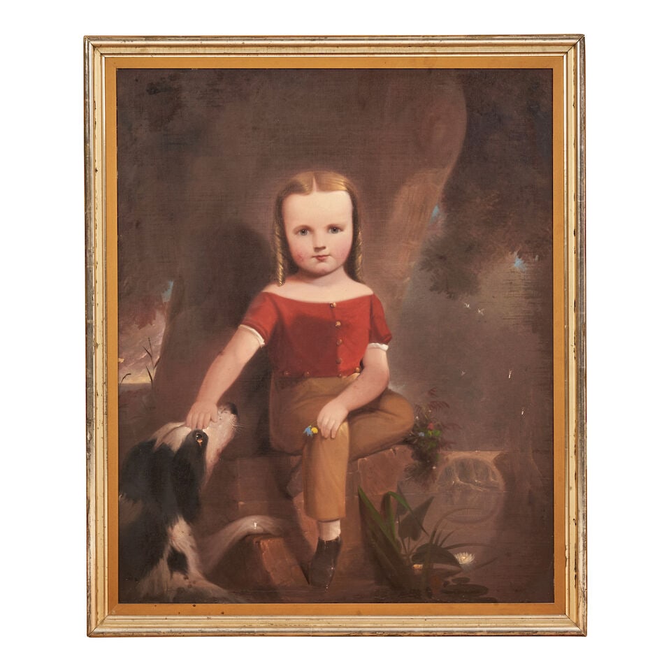 American School Portrait of a Boy with His Dog, 19th century: American School Portrait of a Boy with His Dog, 19th century unsigned oil on canvas, adhered to board 35 1/4 x 19 in. framed 39 1/4 x 32 5/8 in. For further information on this lot please visit