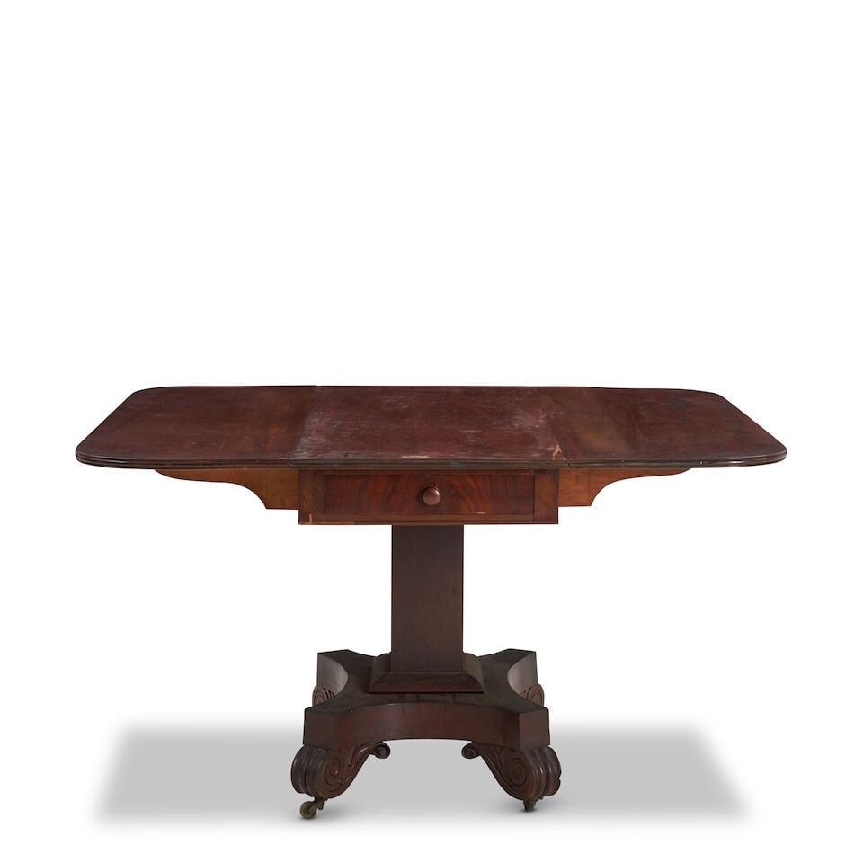 Classical Carved Mahogany and Mahogany Veneer Drop-leaf Table Boston, Massachusetts, c. 1820: Classical Carved Mahogany and Mahogany Veneer Drop-leaf Table Boston, Massachusetts, c. 1820 with single drawer, 116cm wide, 106cm deep, 71cm high (46in wide, 42in deep, 28in high). For further infor