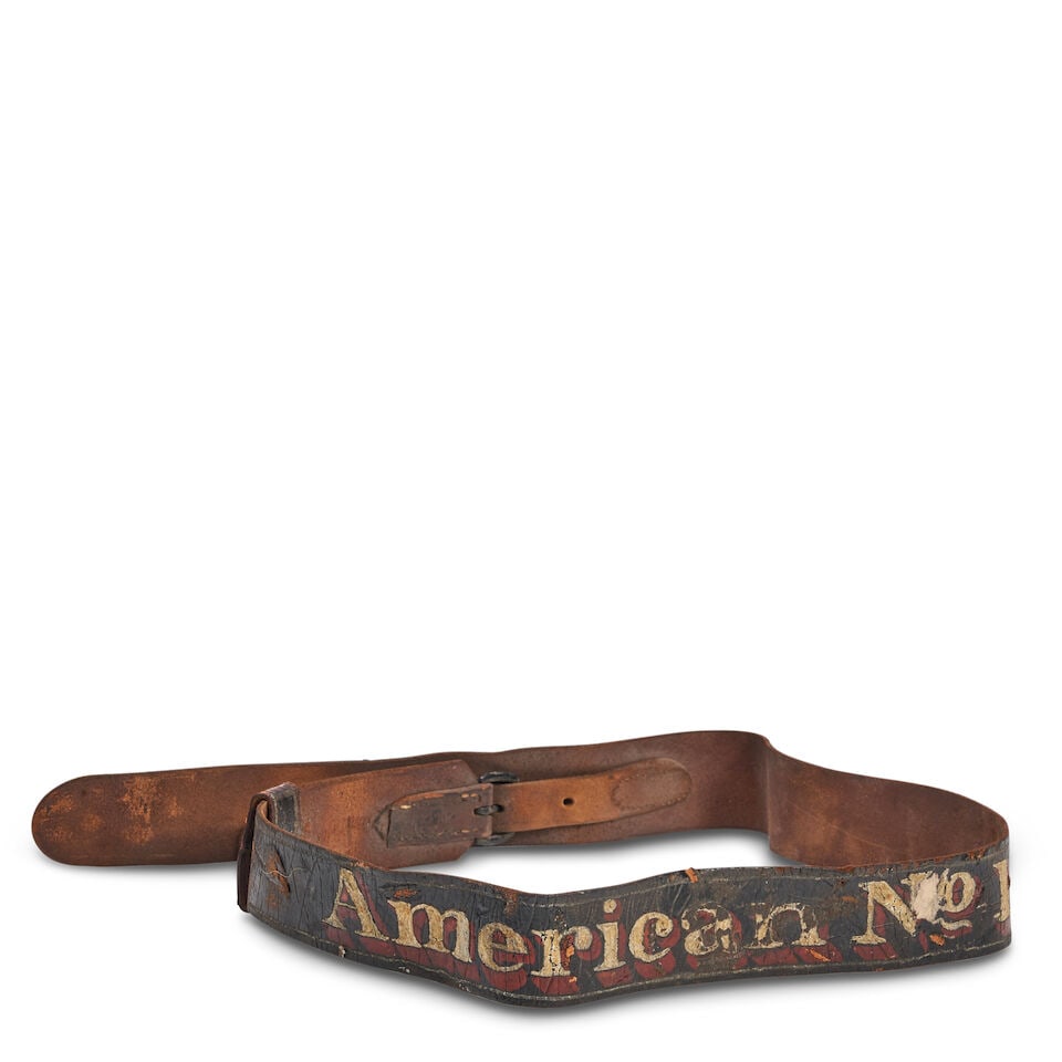 Painted Leather Fire Company Belt United States, second quarter of the 19th century: Painted Leather Fire Company Belt United States, second quarter of the 19th century Inscribed 'American No 1. W.B.' in white and red block letters, retaining buckle and two loops, lg. 38 in. For furth