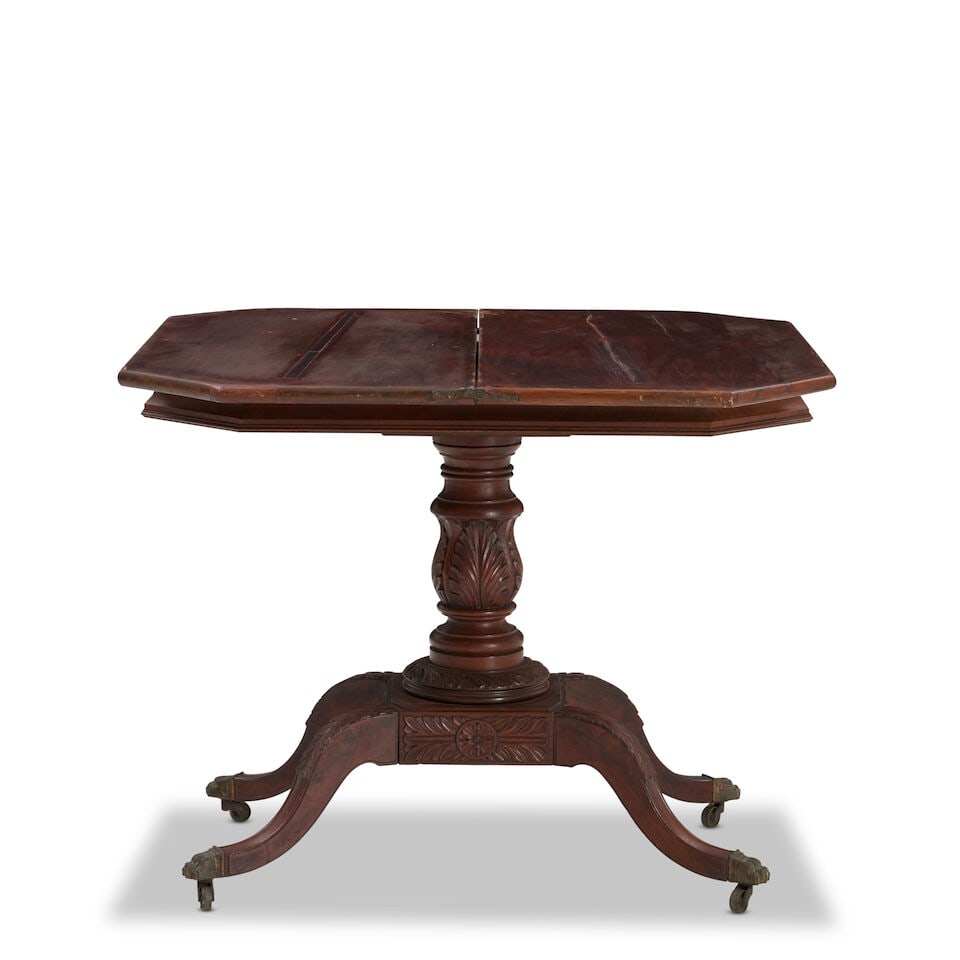 Federal Carved Mahogany and Mahogany Veneer Card Table Philadelphia, Pennsylvania, c. 1810-15: Federal Carved Mahogany and Mahogany Veneer Card Table Philadelphia, Pennsylvania, c. 1810-15 with veneered top, 91cm wide, 45cm deep, 76cm high (36 1/2in wide, 18in deep, 30in high). For further inf