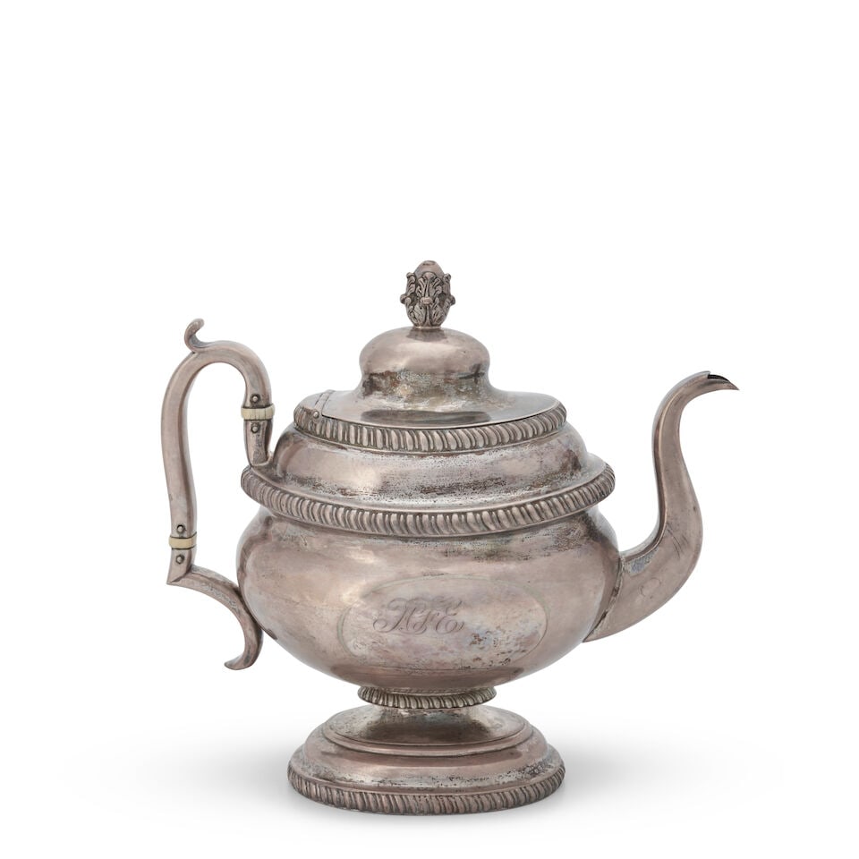 Late Classical Coin Silver Teapot Garrett Eoff (1785-1845), New York, New York, c. 1817: Late Classical Coin Silver Teapot Garrett Eoff (1785-1845), New York, New York, c. 1817 Twice impressed 'G.EOFF' on bottom, weighing approx. 710.70 grams, wd. 9 1/4, dp. 5, ht. 8 1/2 in. For further i