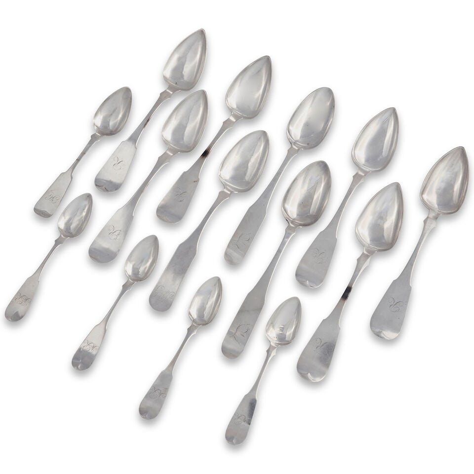 Fourteen Coin Silver Spoons New York and Philadelphia, early 19th century: Fourteen Coin Silver Spoons New York and Philadelphia, early 19th century Assembled group includes six tablespoons impressed with mark of William Baily (Philadelphia, 1792-1857); one teaspoon with mar