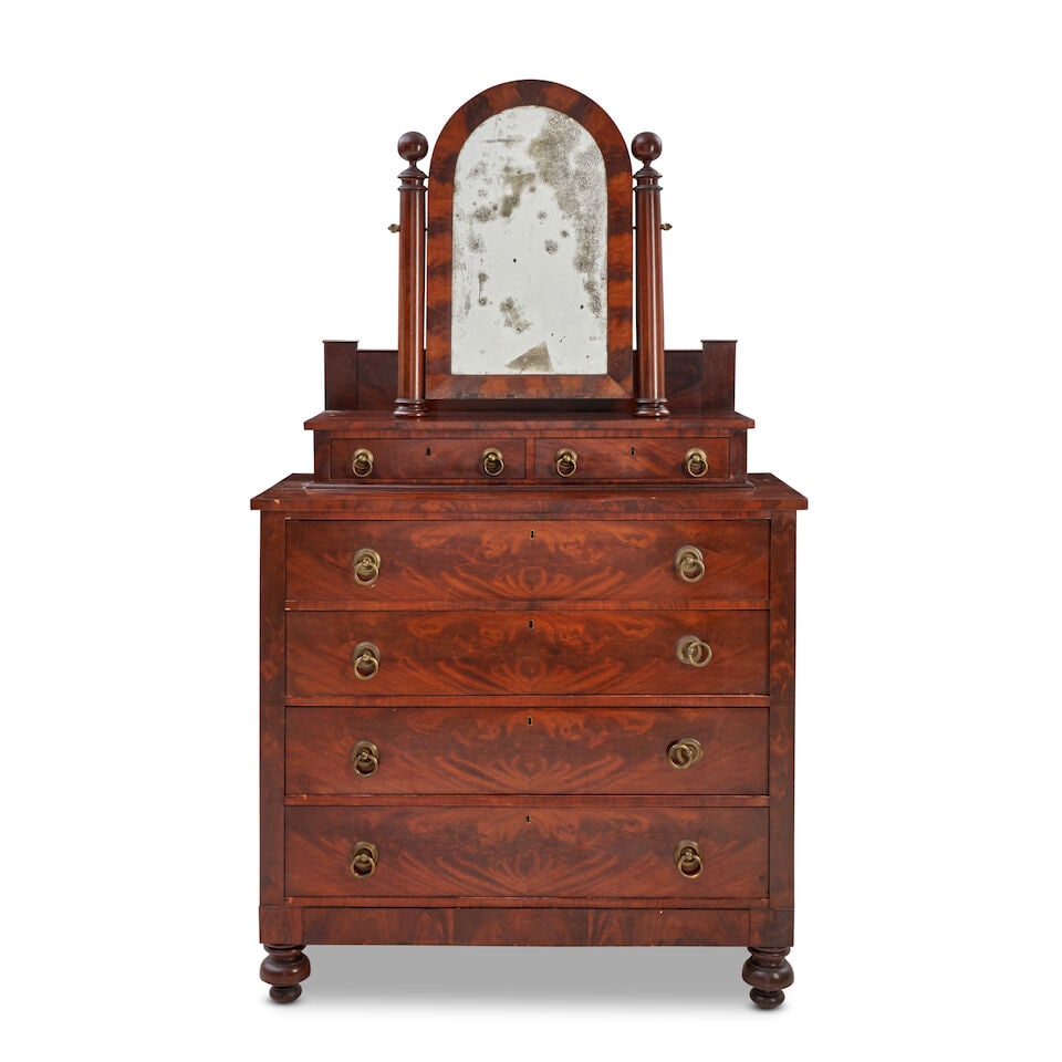 Late Classical Mahogany and Mahogany Veneer Dressing Bureau Massachusetts, c. 1820: Late Classical Mahogany and Mahogany Veneer Dressing Bureau Massachusetts, c. 1820 The mirror supported by turned ball-top columns above an upper case of two short drawers, resting within a molding se