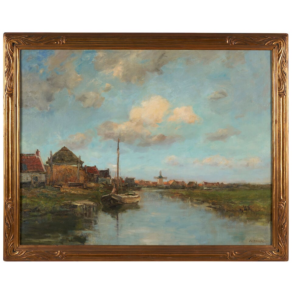 Charles Paul Gruppe (1860-1940) A Harbor Under Blue Skies with Distant Windmill 28 1/4 x 36 in. ... (1 of 3)