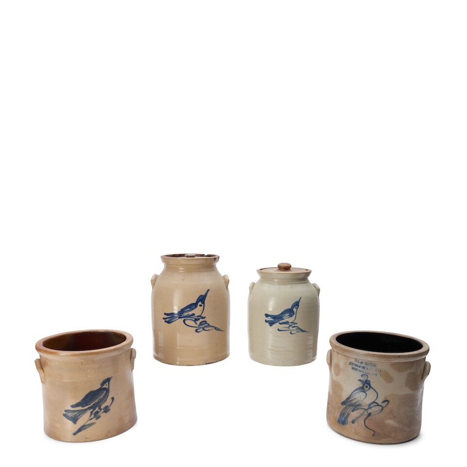 Four Bird-decorated Salt-glazed Stoneware Items United States, late 19th century (1 of 2)