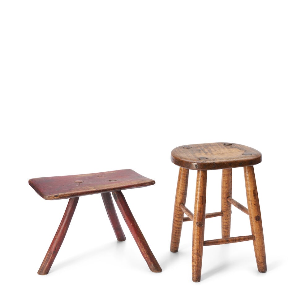 Two Child's Stools United States, 19th century: Two Child's Stools United States, 19th century One painted hardware stool with rectangular seat over through-tenoned tripod base, and one tiger maple stool with oval seat and four legs joined with