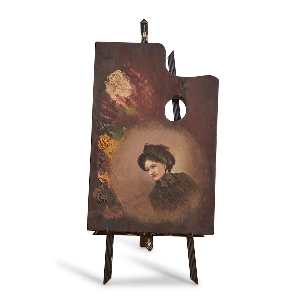 Portrait on Artist's Palette with Easel signed Safford Adams, New York, New York, 1881: Portrait on Artist's Palette with Easel signed Safford Adams, New York, New York, 1881 Oil on mahogany panel portrait with unused paint dried along left edge, displayed on a period ebonized wood