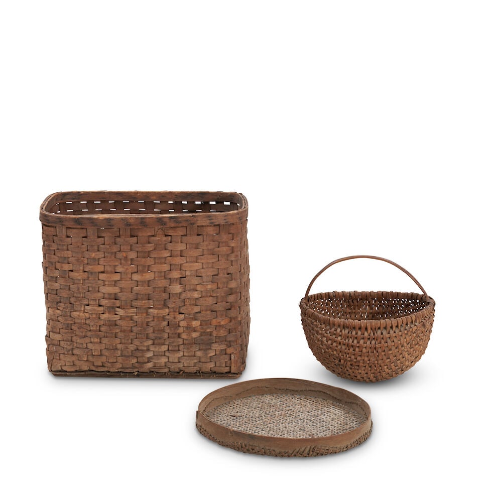 Group of Three Woven Implements 19th century: Group of Three Woven Implements 19th century consisting of a large basket, a handled basket, and a very fine sieve the largest wd. 32, dp. 24, ht. 26 1/2 in. Lot to be sold without reserve. This