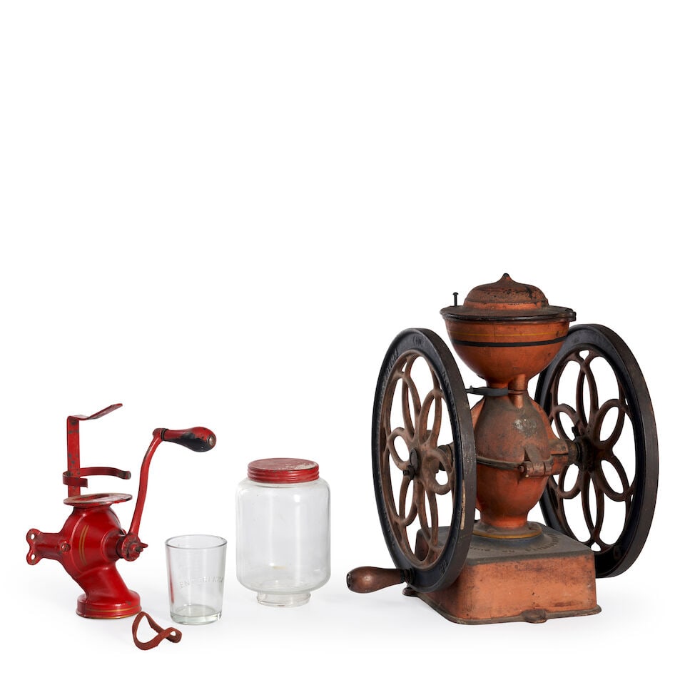 Cast Iron Tabletop and Wall-mounted Coffee Grinders Enterprise Manufacturing Co. (1864-1956), Ph...: Cast Iron Tabletop and Wall-mounted Coffee Grinders Enterprise Manufacturing Co. (1864-1956), Philadelphia, Pennsylvania, c. 1898 and 1917 One red painted cast iron wall-mounting coffee mill with